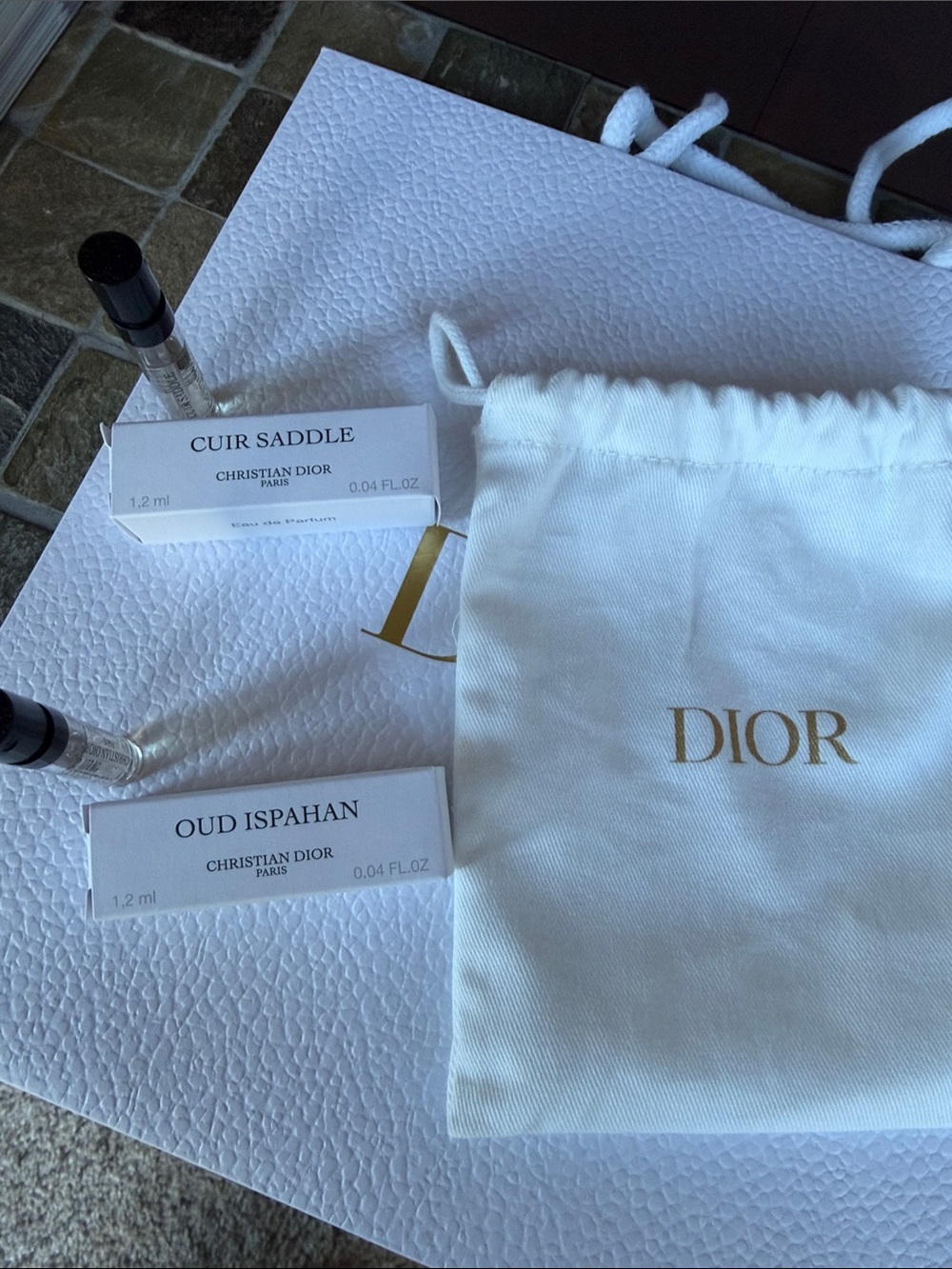 Dior White Drawstring Pouch & Cuir Saddle & Oud Ispahan Samples